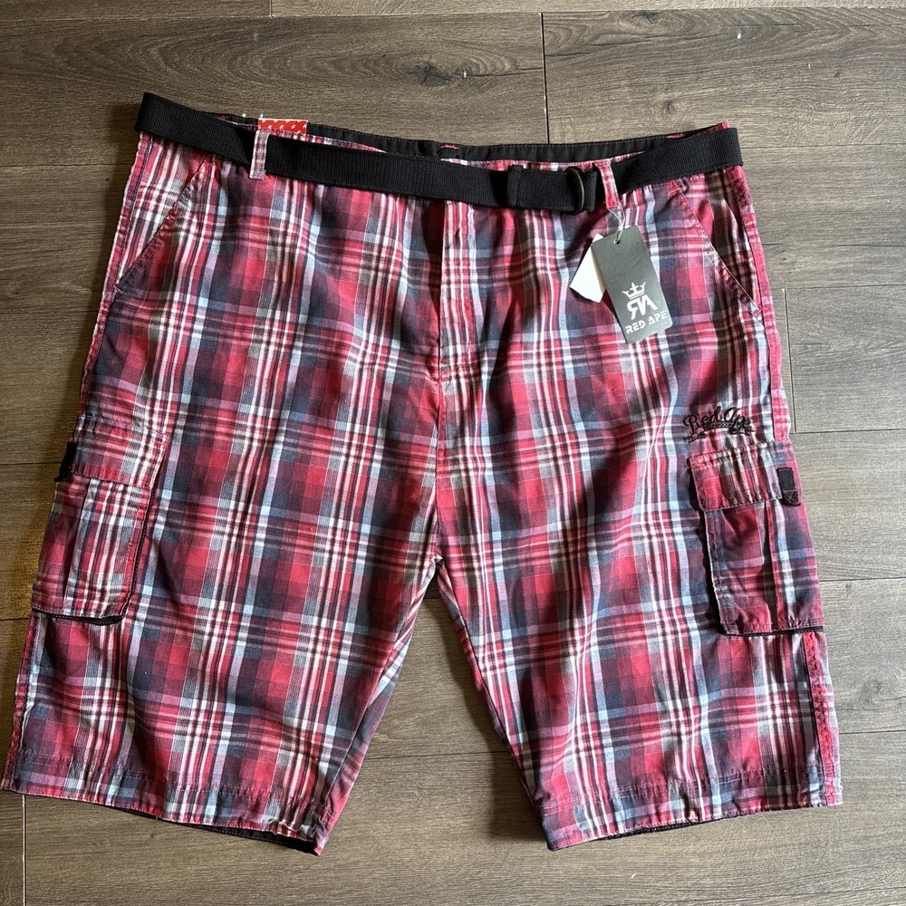 Red‎ Ape Red Plaid Shorts Men's Size 50 Baggy Belt Hip Hop Streetwear Cargo